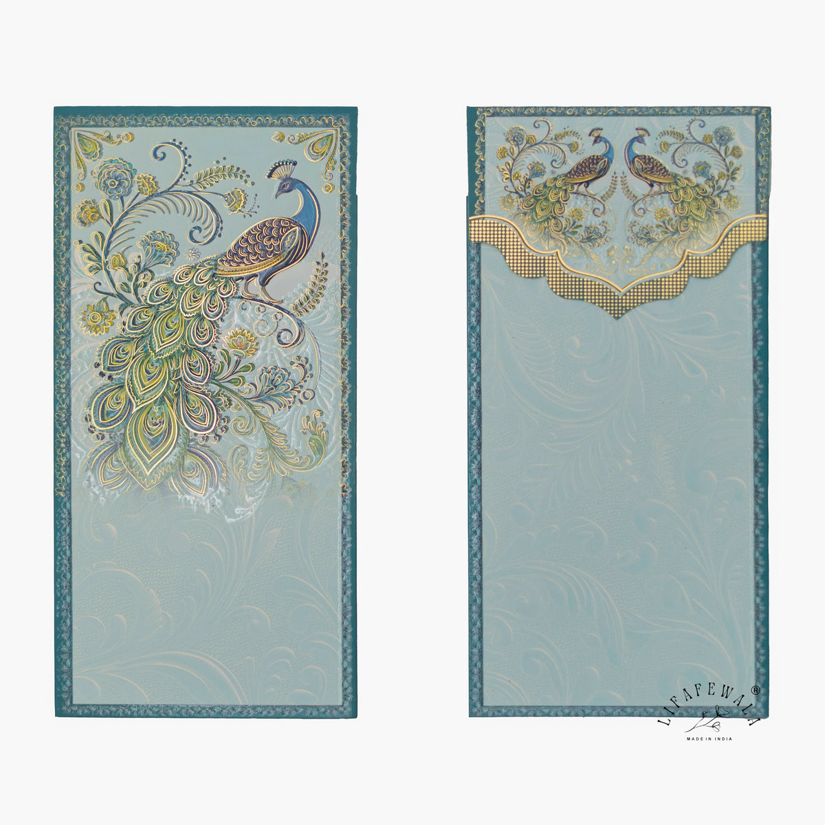 Aqua Paisley Peacock velvet UV shagun envelope by LIFAFEWALA – front and back, upright view