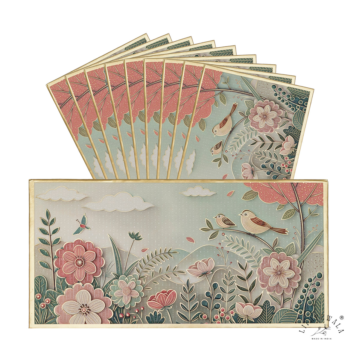 Pastel Birds & Blossom Garden premium shagun envelope by LIFAFEWALA – pack with front view