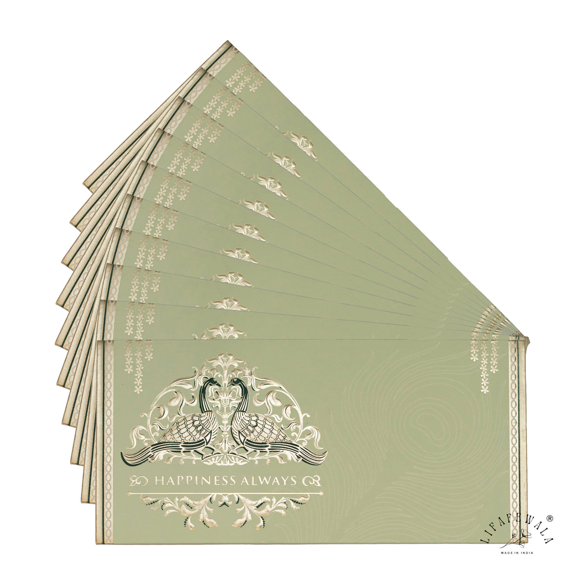 Sage Green Happiness Always Twin Peacock metallic shagun envelope by LIFAFEWALA – fanned pack