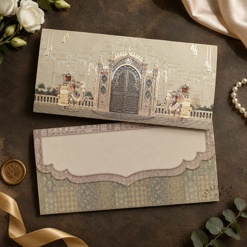 Ivory Palace Gate & Royal Elephants matte UV shagun envelope by LIFAFEWALA – styled flat lay