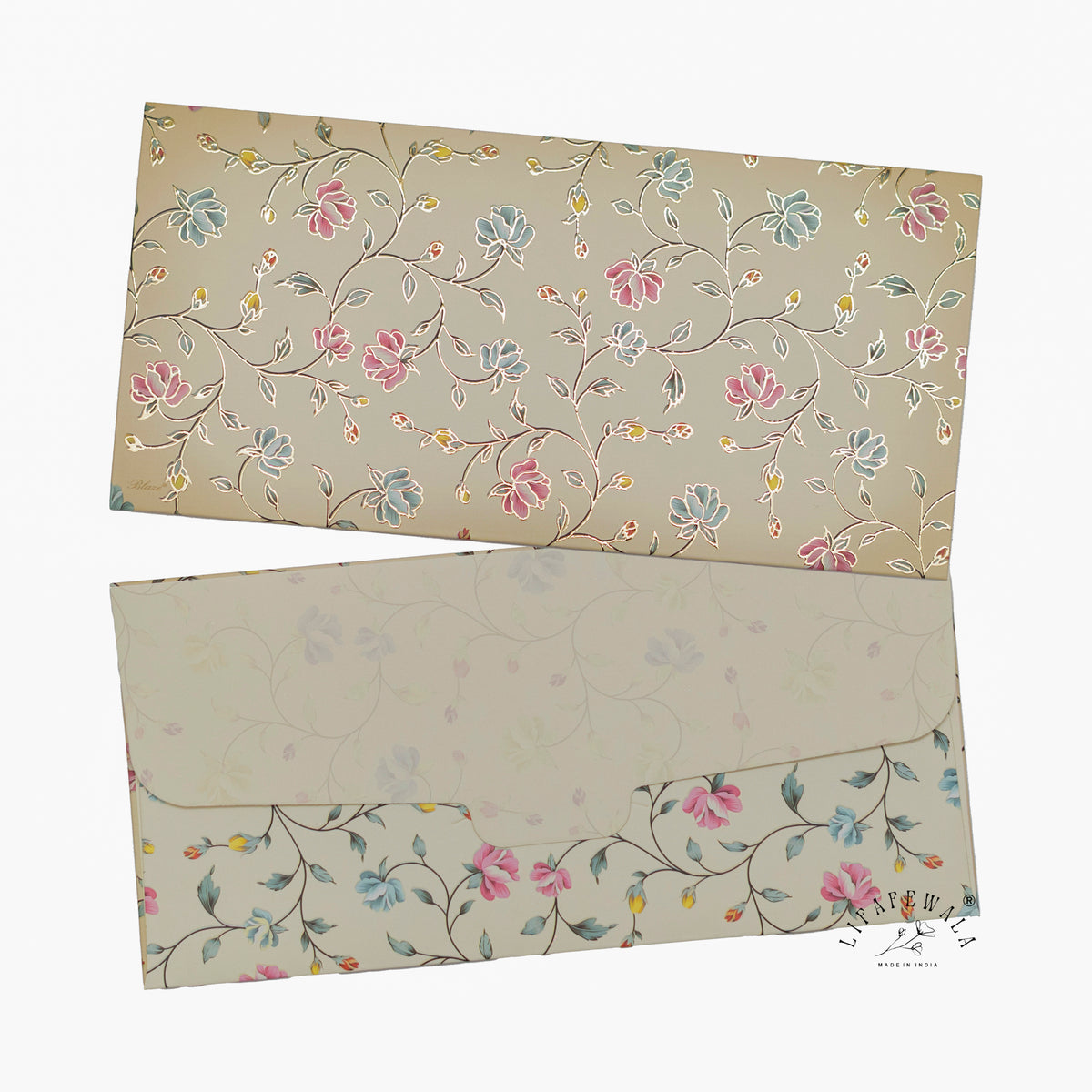 Taupe Blossom Vine MGI shagun envelope by LIFAFEWALA – front and back, angled view