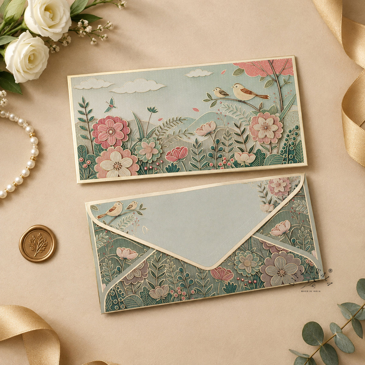 Pastel Birds & Blossom Garden premium shagun envelope by LIFAFEWALA – styled flat lay