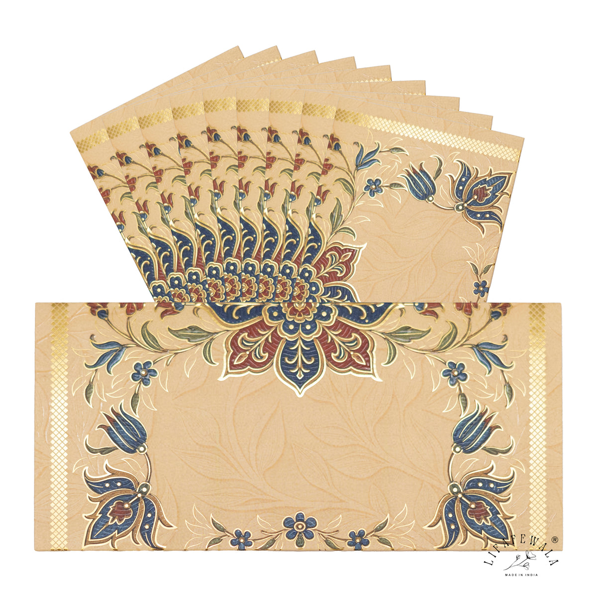 Blue Tulip Mughal Floral matte UV shagun envelope by LIFAFEWALA – pack with front view