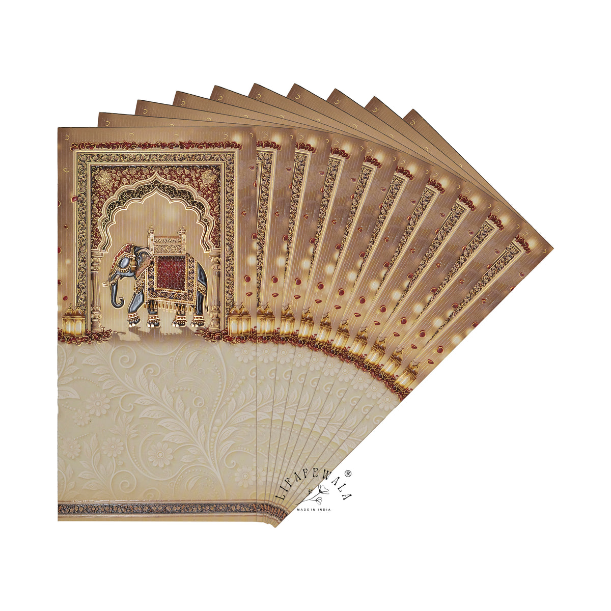 Royal Elephant Jharokha vertical velvet UV shagun envelope by LIFAFEWALA – fanned pack