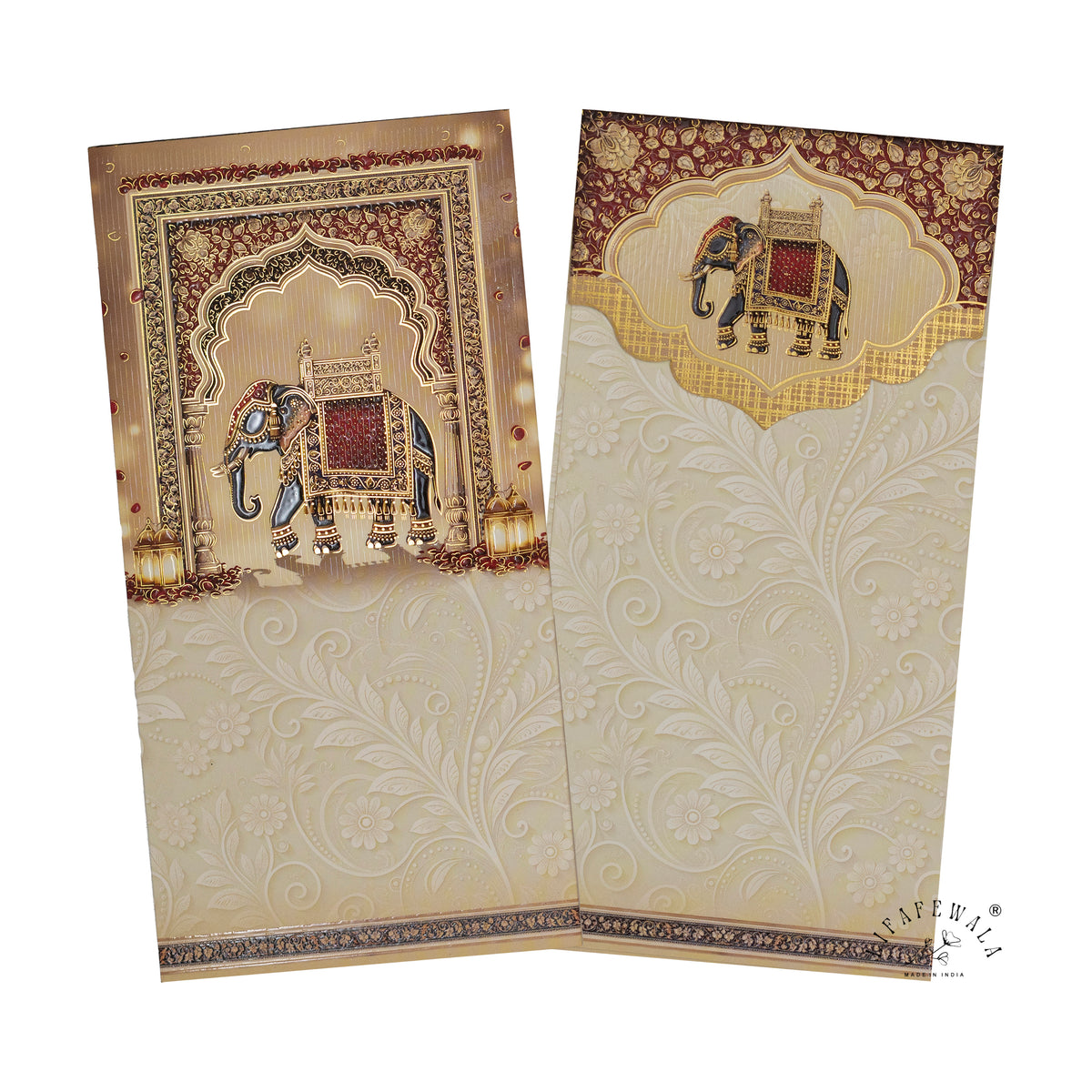 Royal Elephant Jharokha vertical velvet UV shagun envelope by LIFAFEWALA – front and back, angled view