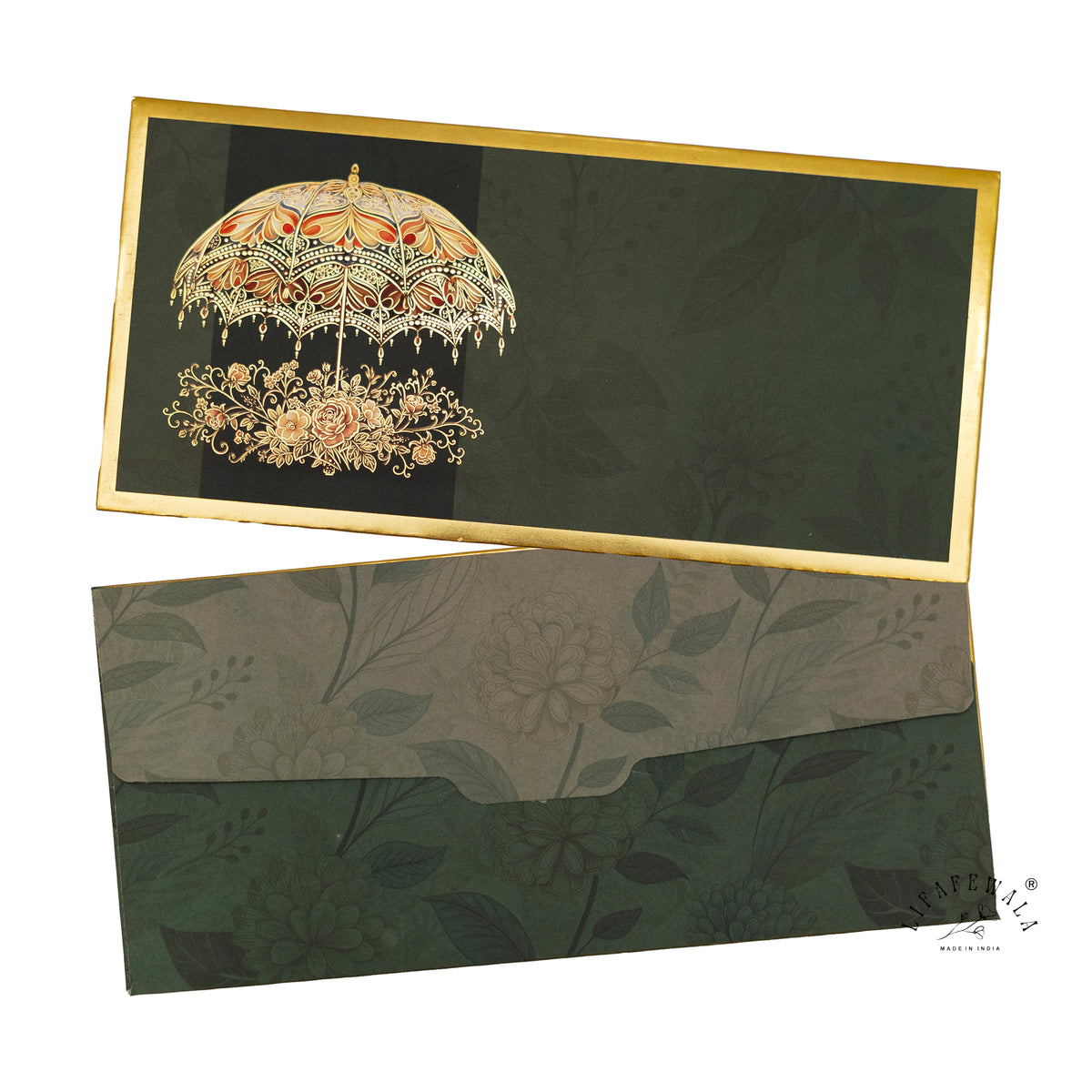 Emerald Golden Chhatri velvet shagun envelope by LIFAFEWALA – front and back, angled view