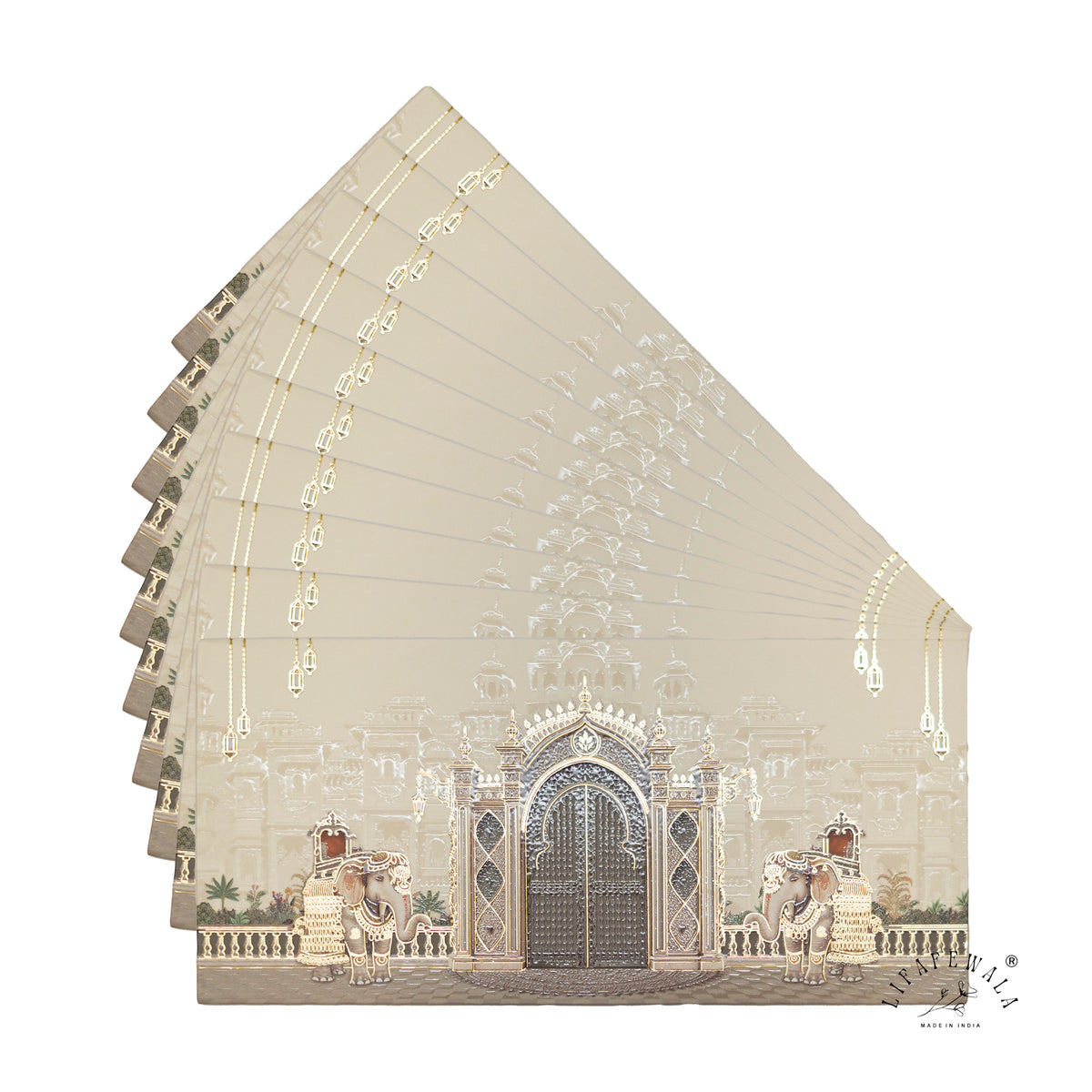 Ivory Palace Gate & Royal Elephants matte UV shagun envelope by LIFAFEWALA – fanned pack