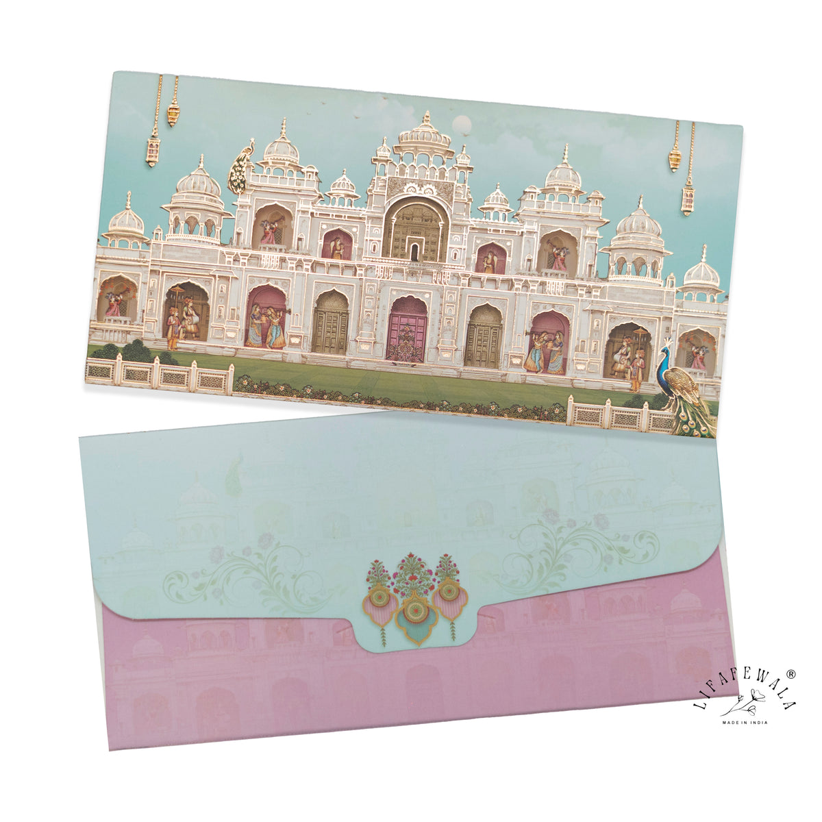 Aqua Lilac Palace Façade matte shagun envelope by LIFAFEWALA – front and back, angled view