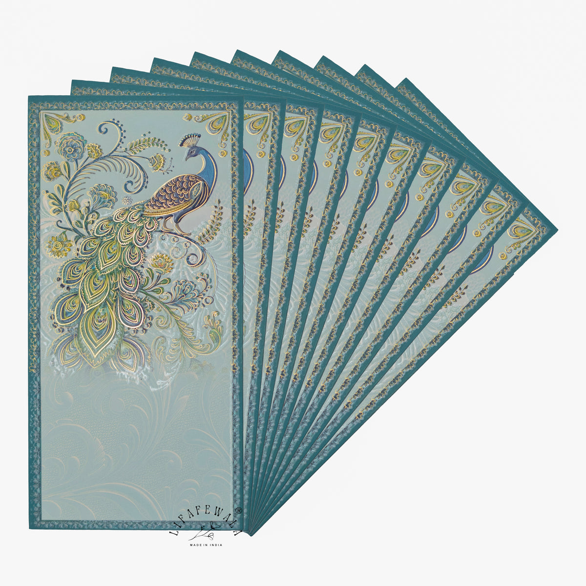Aqua Paisley Peacock velvet UV shagun envelope by LIFAFEWALA – fanned pack