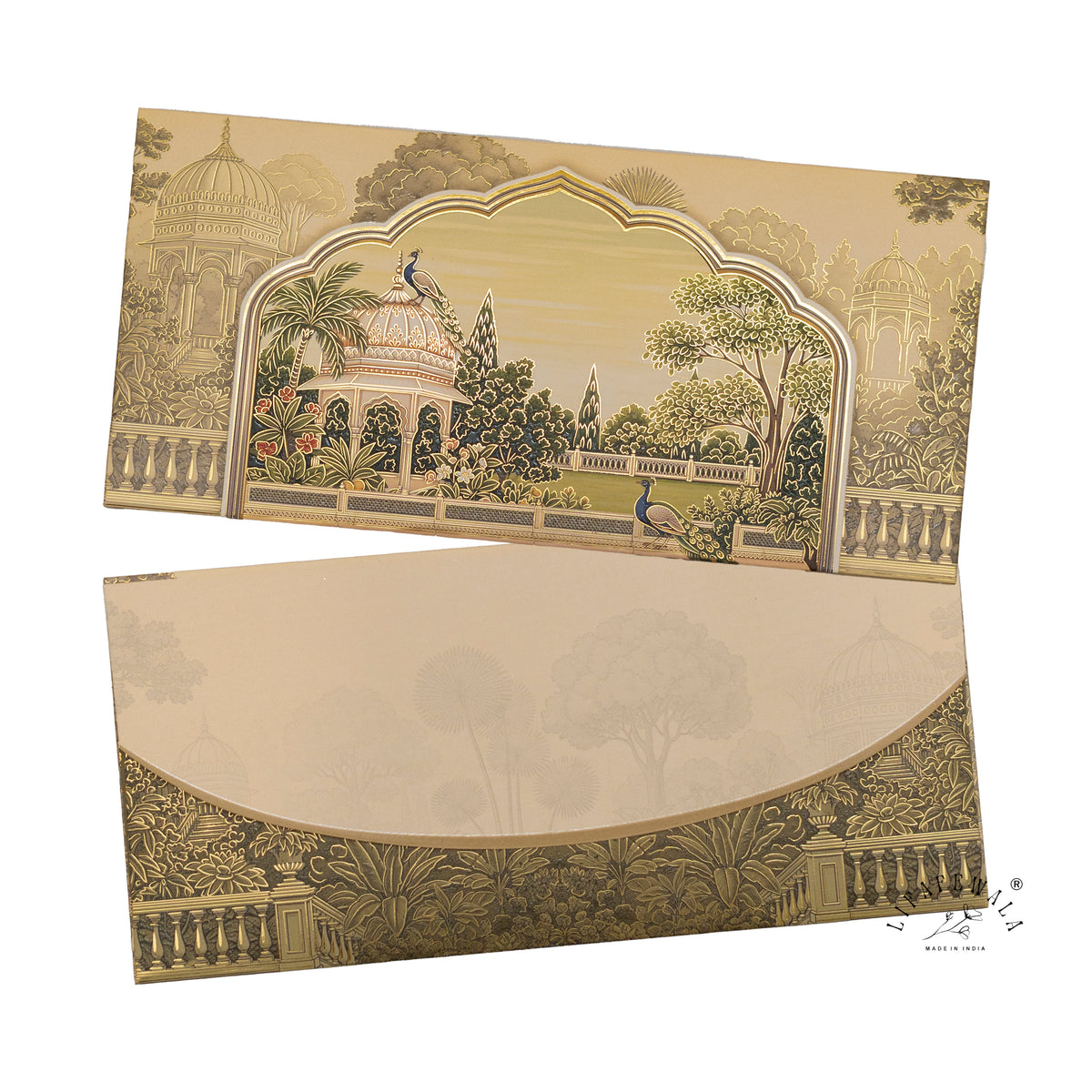 Golden Mughal Pavilion Garden matte UV shagun envelope by LIFAFEWALA – front and back, angled view