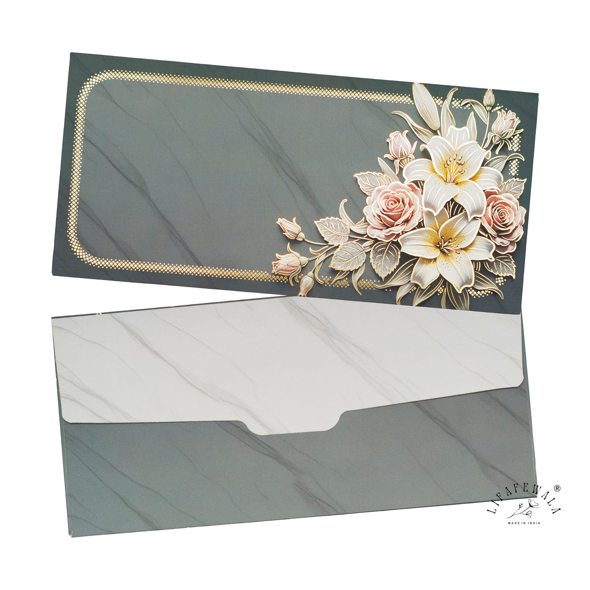 Grey Marble Lily & Rose Bouquet velvet shagun envelope by LIFAFEWALA – front and back, angled view