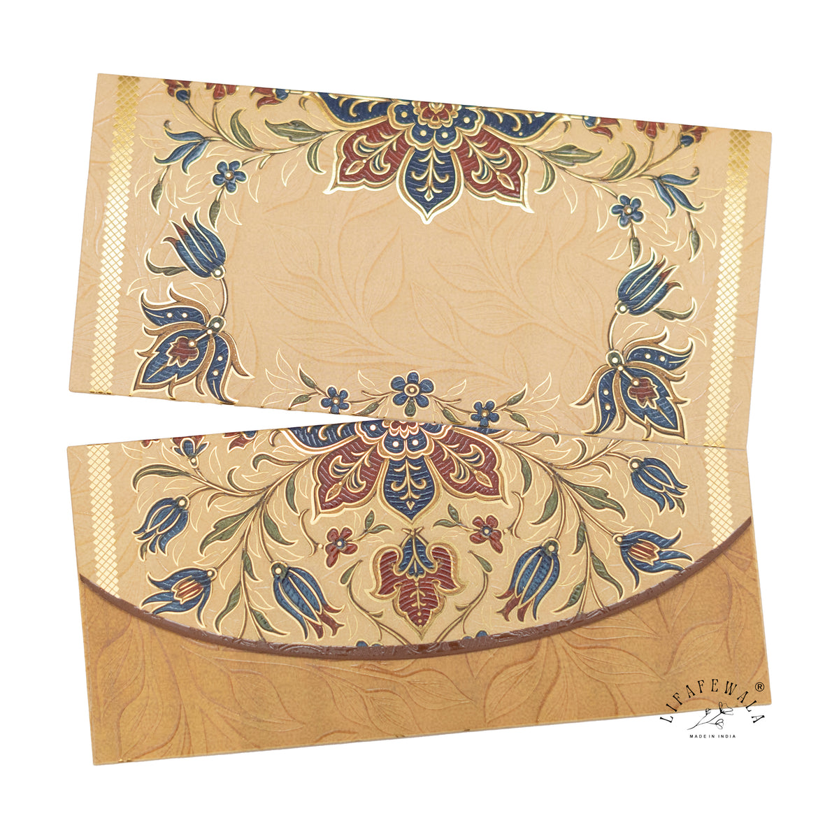 Blue Tulip Mughal Floral matte UV shagun envelope by LIFAFEWALA – front and back, angled view