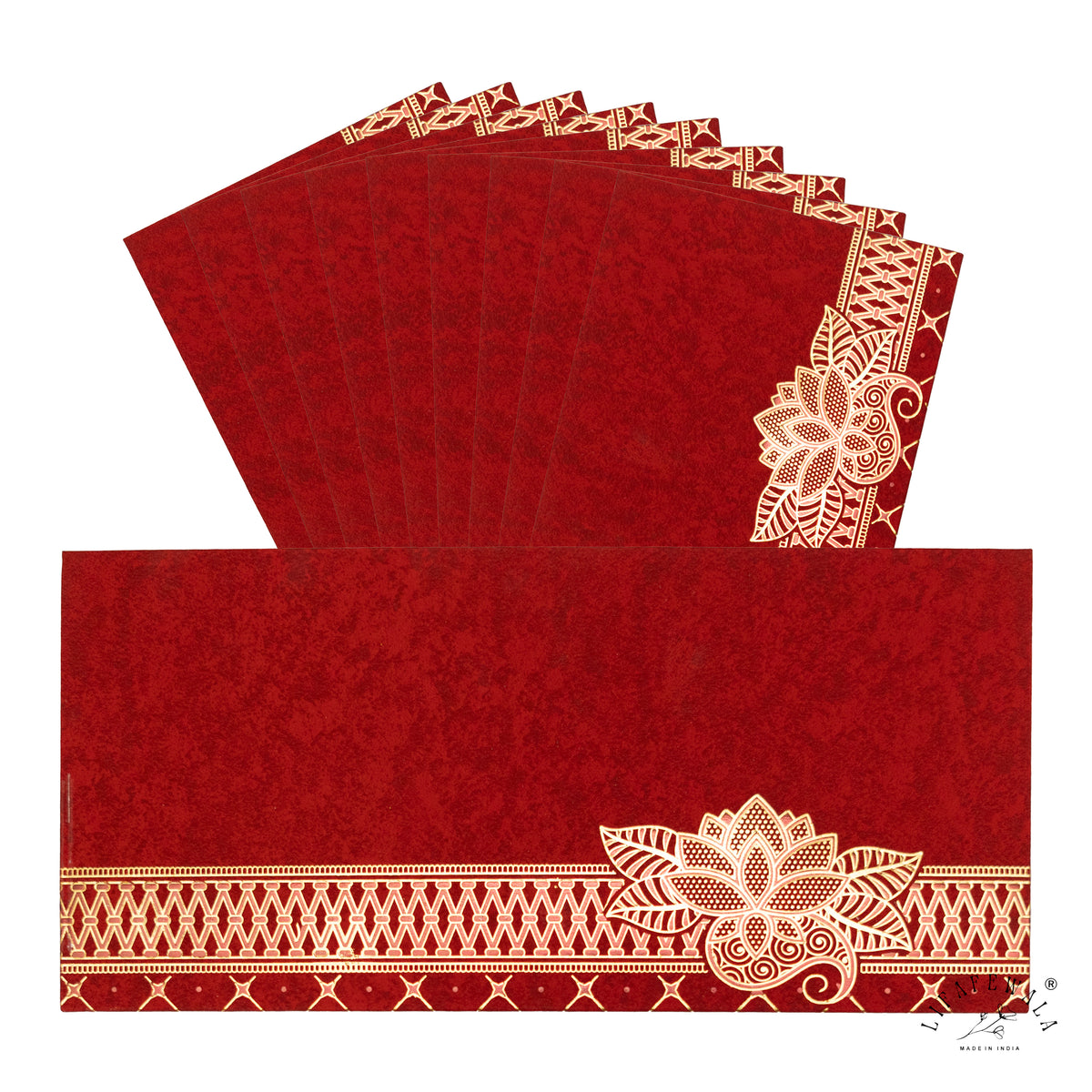 Red Kamal Lotus velvet shagun envelope by LIFAFEWALA – pack with front view