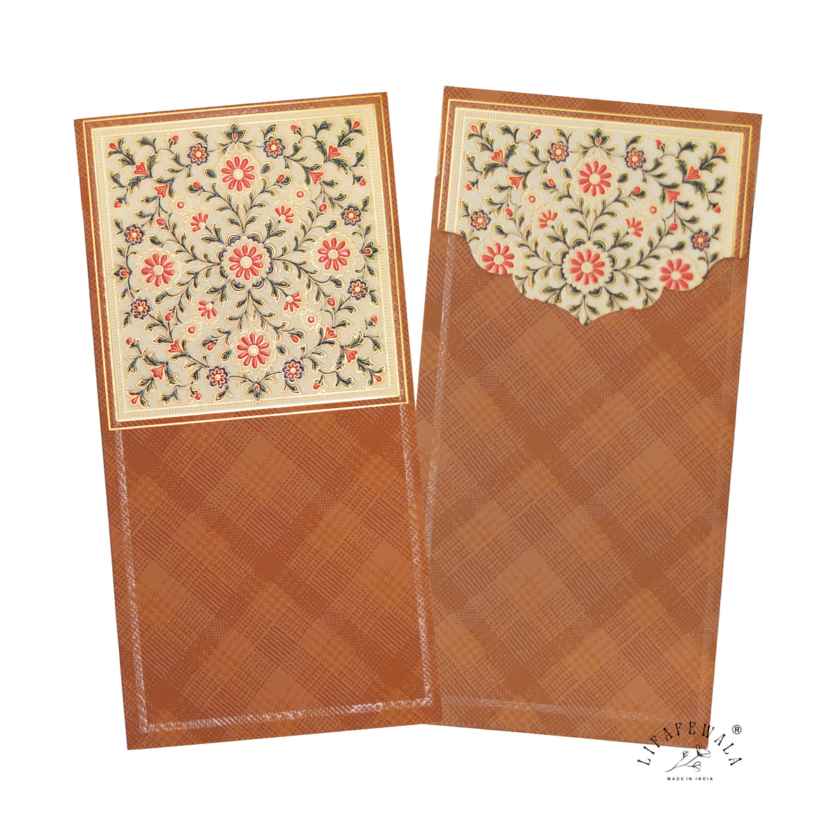 Rust Mughal Floral vertical velvet UV shagun envelope by LIFAFEWALA – front and back, angled view