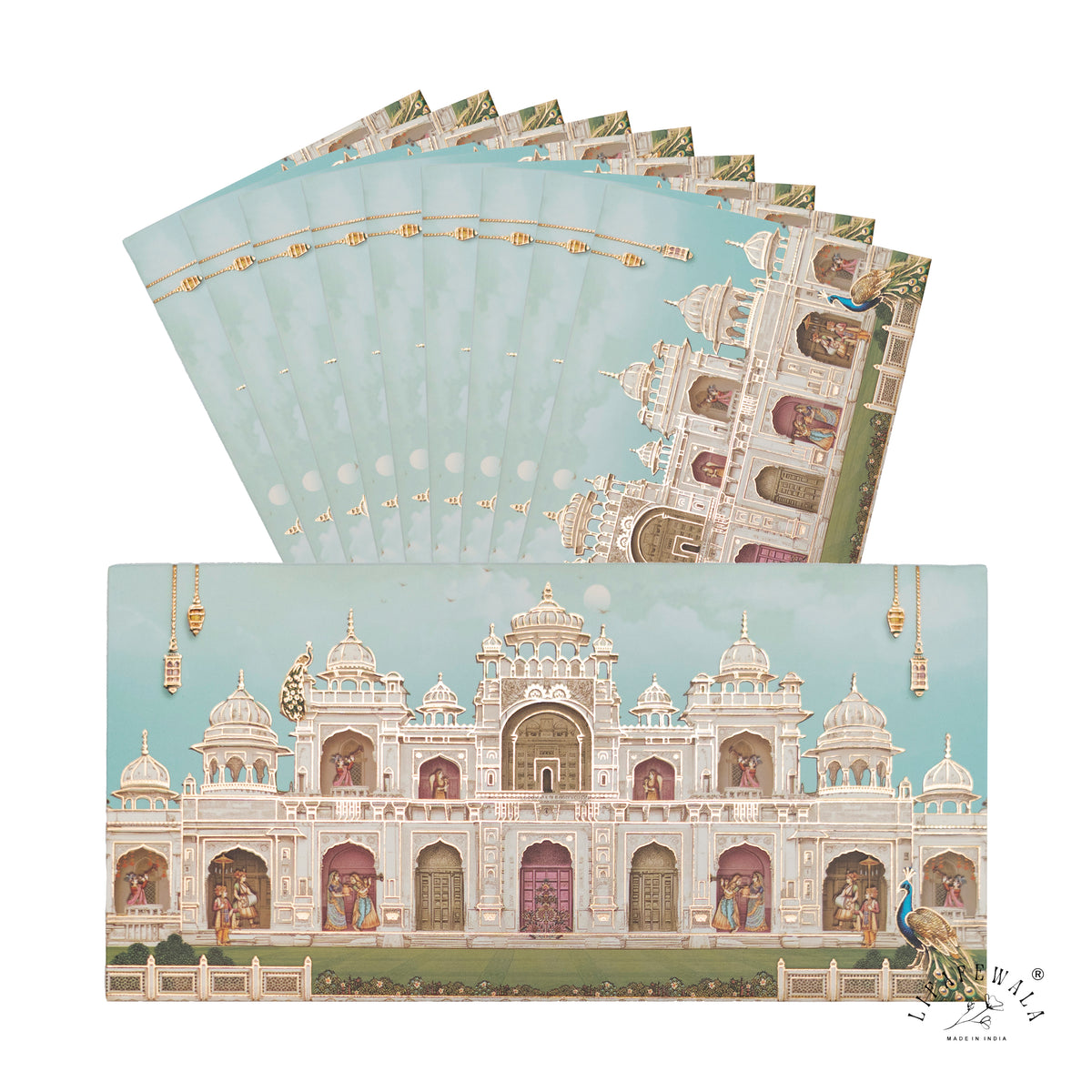 Aqua Lilac Palace Façade matte shagun envelope by LIFAFEWALA – pack with front view