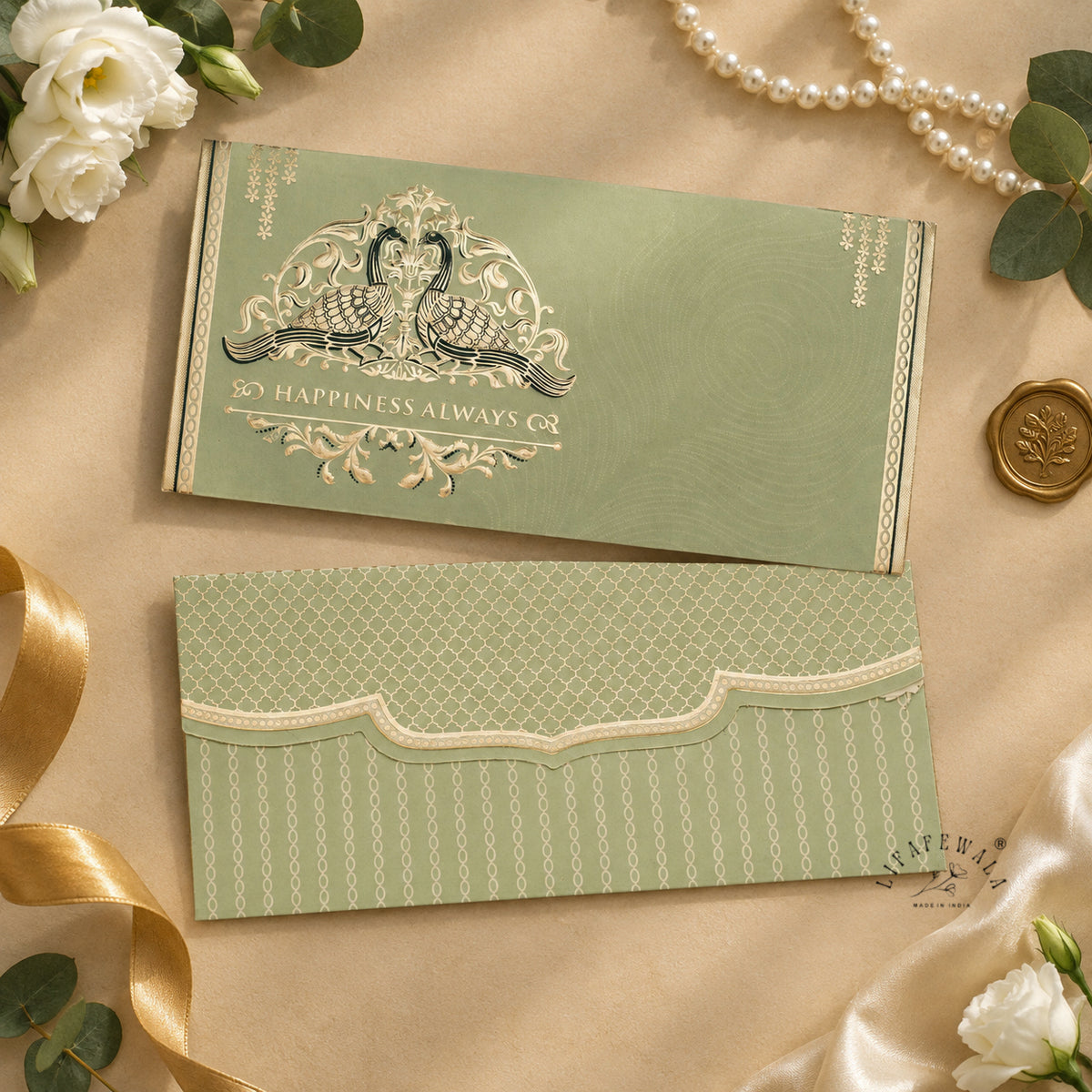 Sage Green Happiness Always Twin Peacock metallic shagun envelope by LIFAFEWALA – styled flat lay