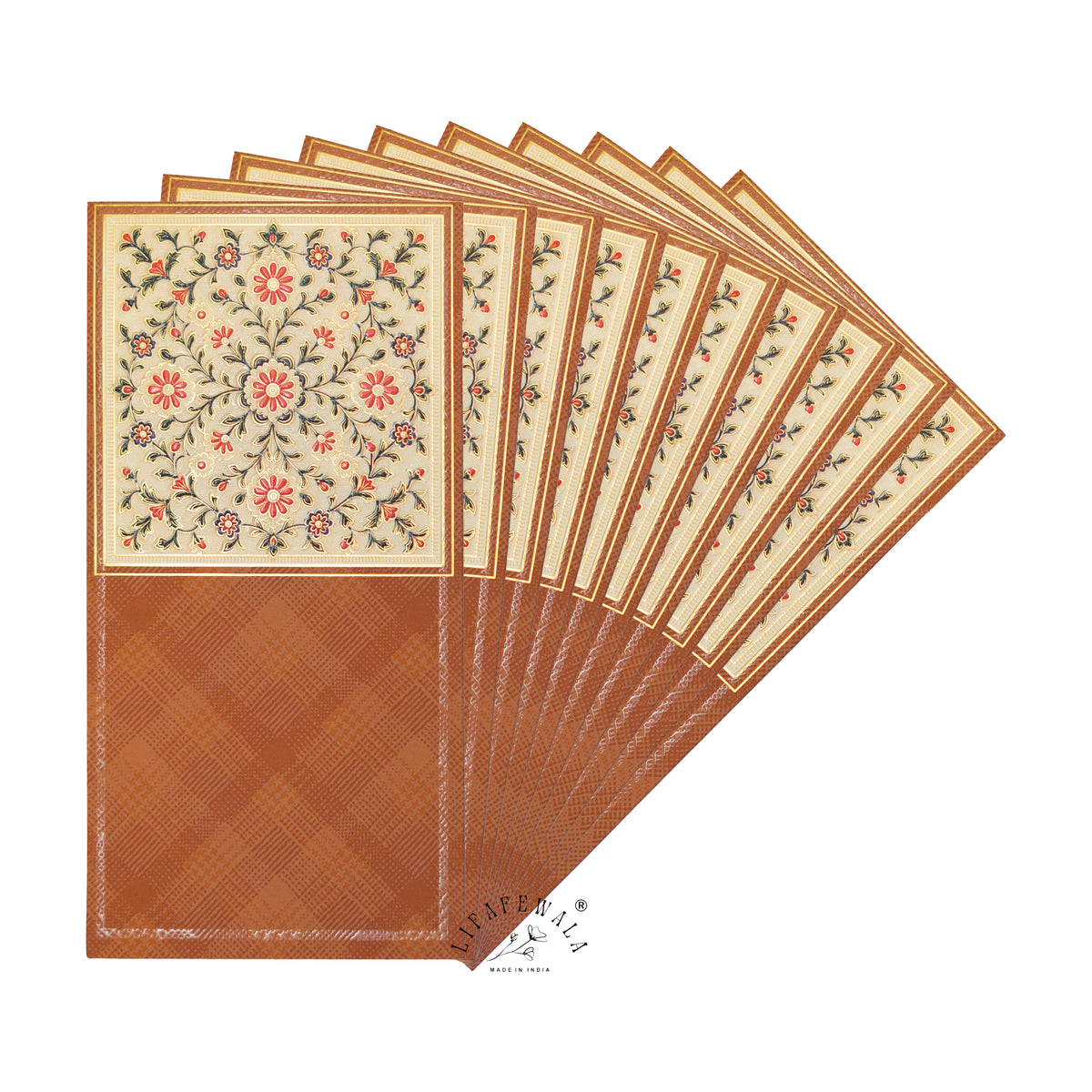 Rust Mughal Floral vertical velvet UV shagun envelope by LIFAFEWALA – fanned pack