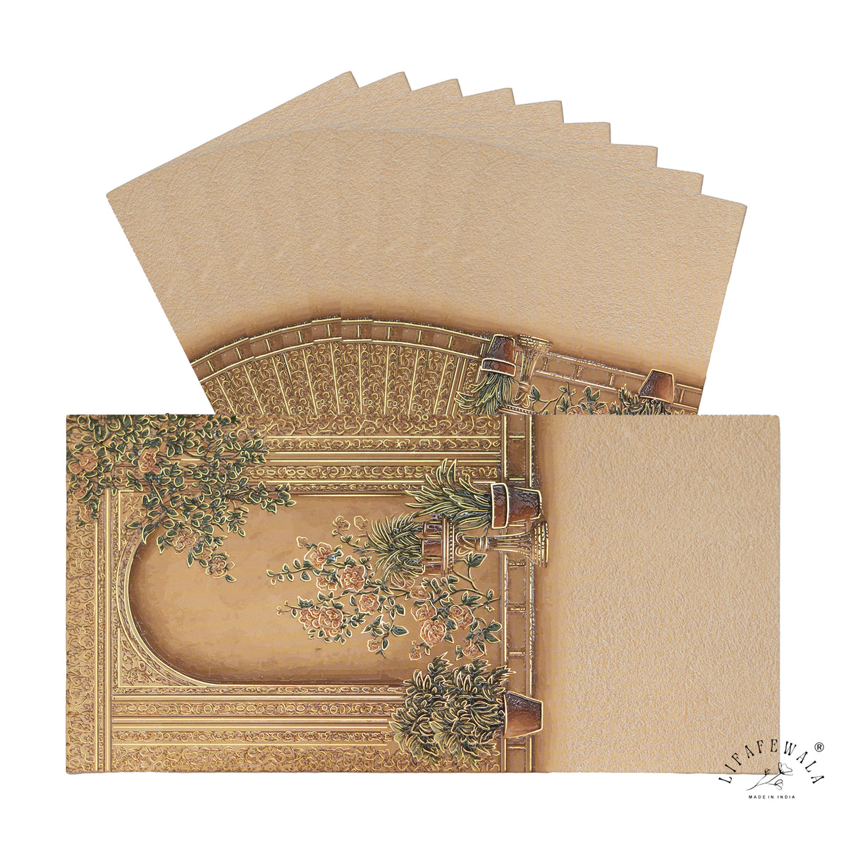 Mughal Courtyard Garden vertical velvet UV shagun envelope by LIFAFEWALA – pack with front view