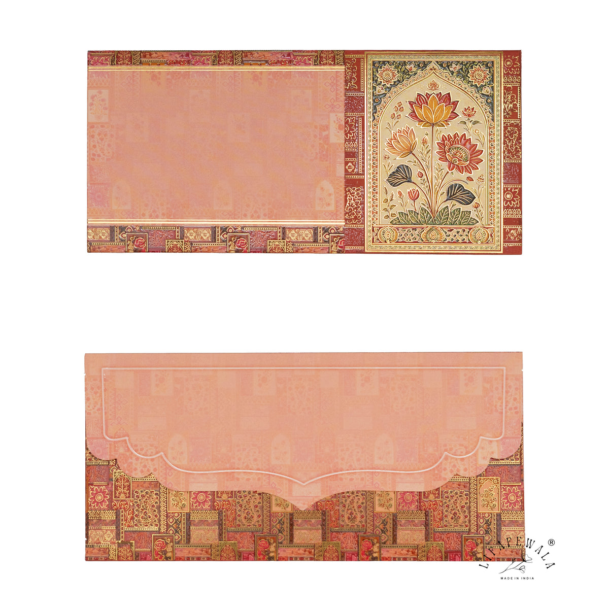 Blush Mughal Lotus Panel velvet UV shagun envelope by LIFAFEWALA – front and back