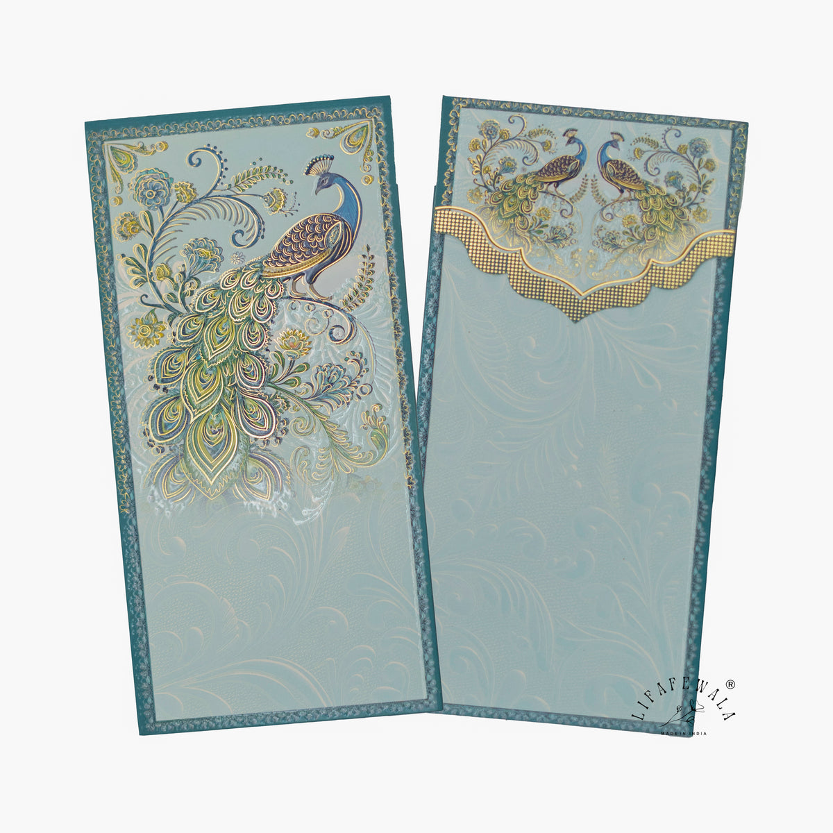 Aqua Paisley Peacock velvet UV shagun envelope by LIFAFEWALA – front and back, angled view