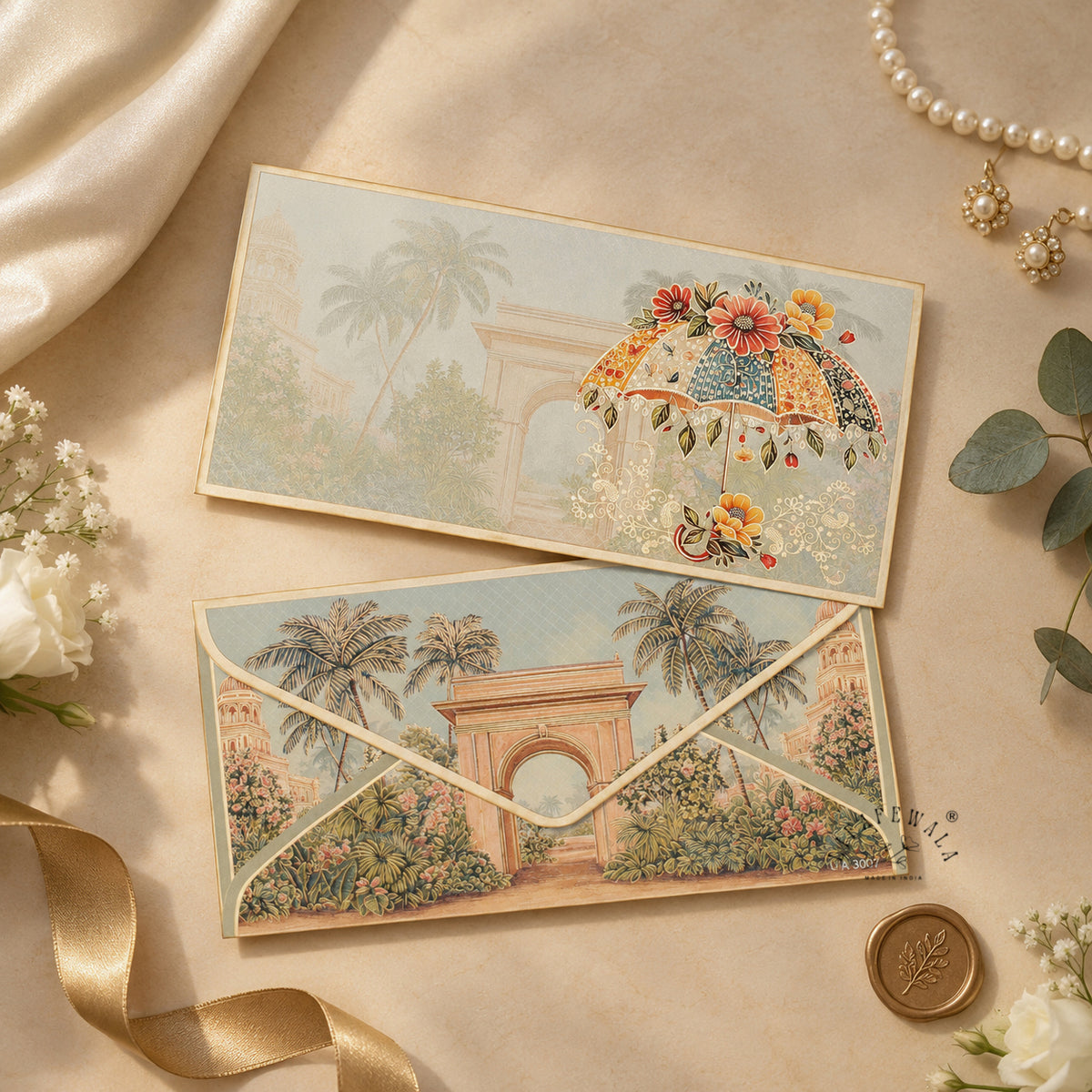 Floral Umbrella Palace Garden premium shagun envelope by LIFAFEWALA – styled flat lay