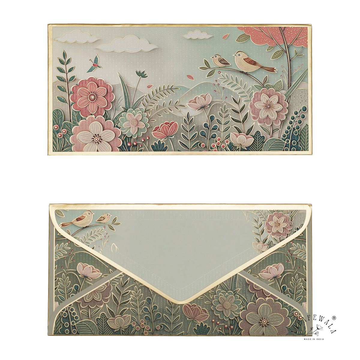 Pastel Birds & Blossom Garden premium shagun envelope by LIFAFEWALA – front and back