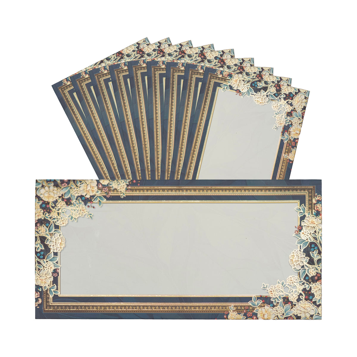 Navy Ivory Floral Frame matte shagun envelope by LIFAFEWALA – pack with front view