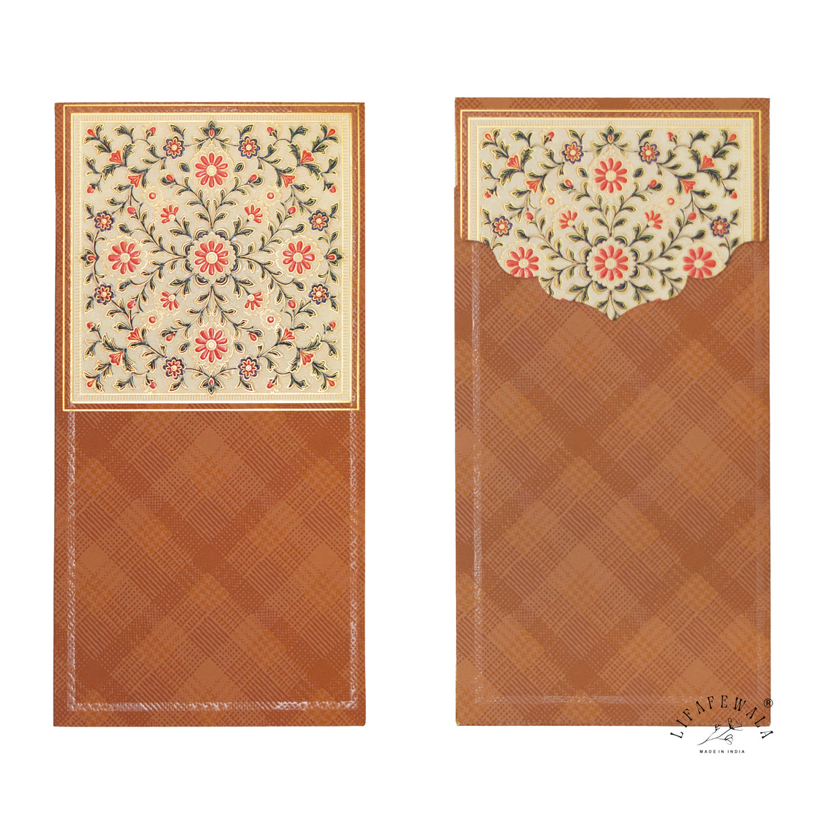 Rust Mughal Floral vertical velvet UV shagun envelope by LIFAFEWALA – front and back