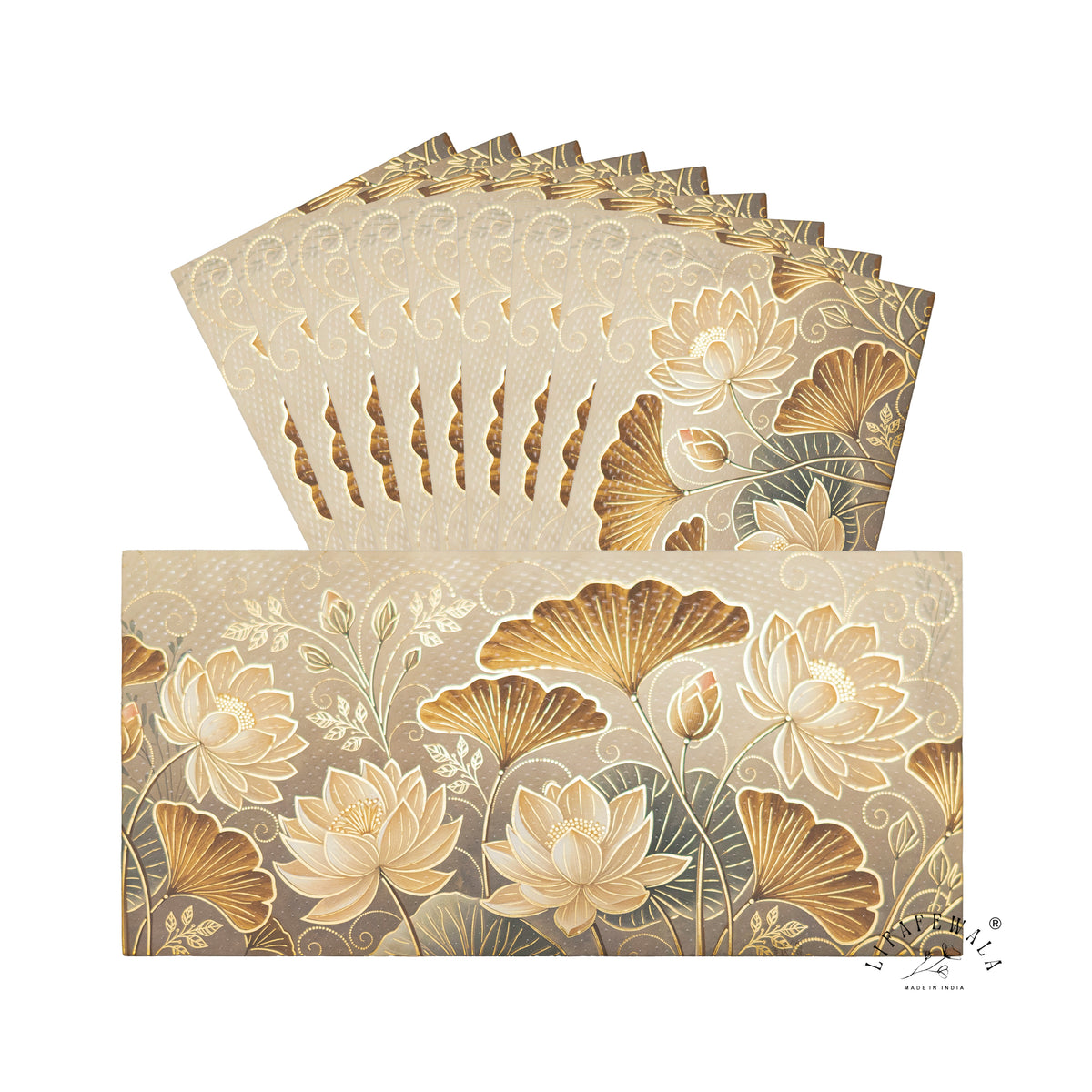 Golden Lotus & Ginkgo matte UV shagun envelope by LIFAFEWALA – pack with front view