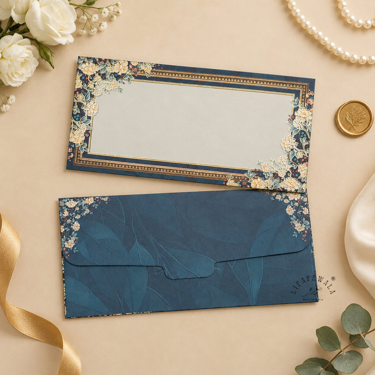 Navy Ivory Floral Frame matte shagun envelope by LIFAFEWALA – styled flat lay