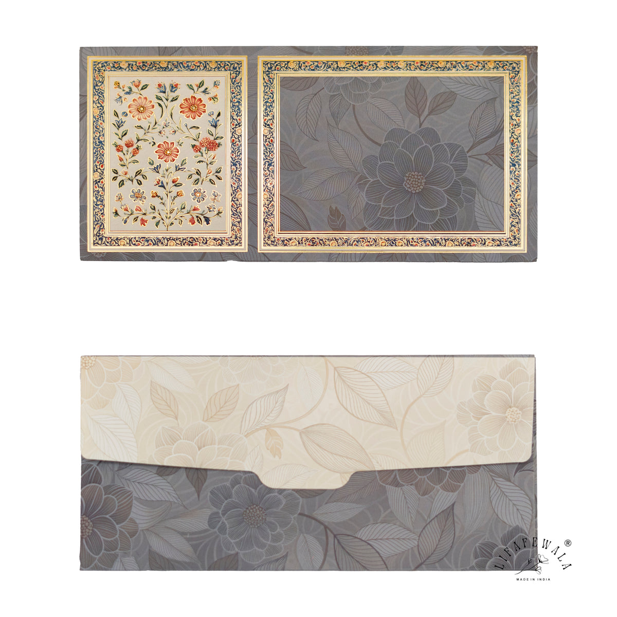 Grey Mughal Floral Twin Panel velvet shagun envelope by LIFAFEWALA – front and back