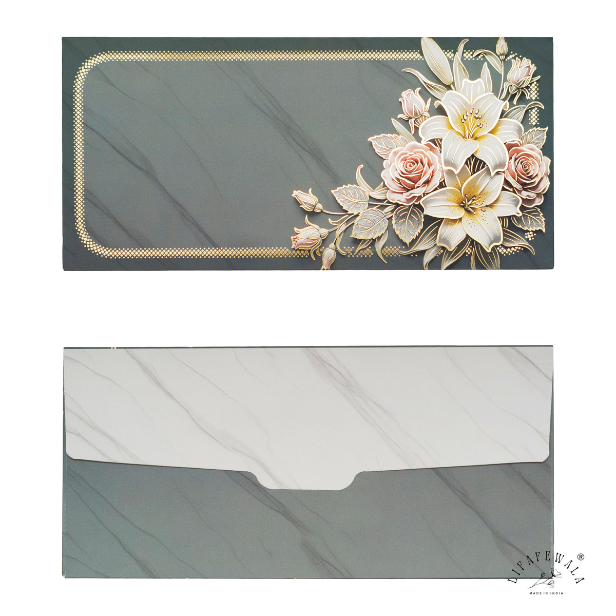 Grey Marble Lily & Rose Bouquet velvet shagun envelope by LIFAFEWALA – front and back