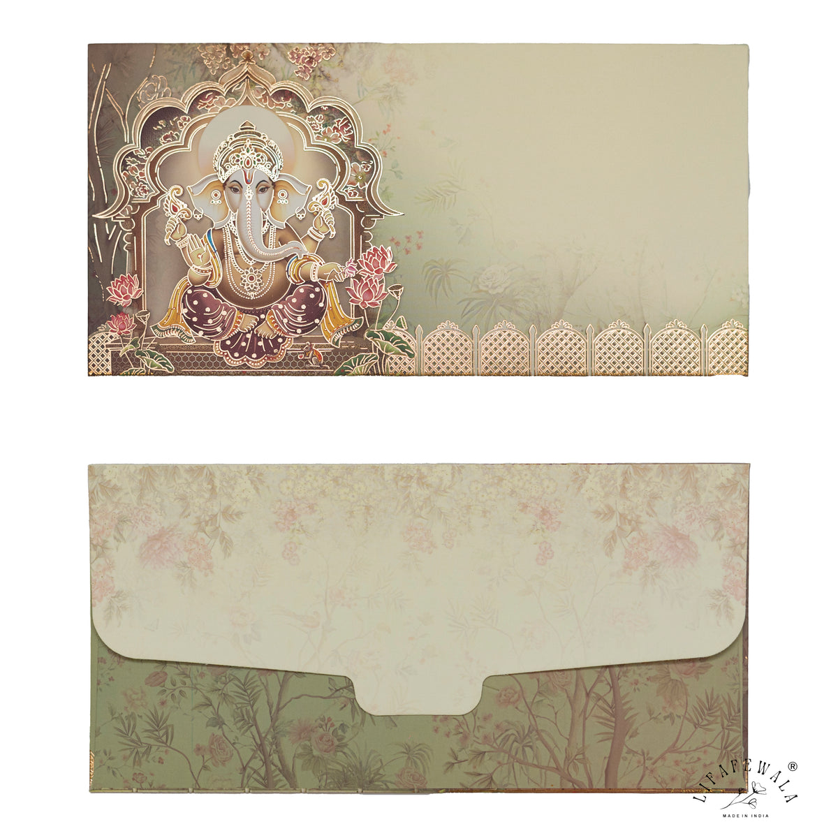 Sage Ganesha Jharokha matte shagun envelope by LIFAFEWALA – front and back
