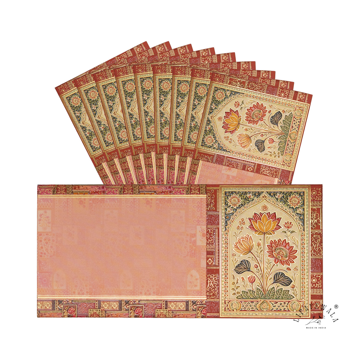 Blush Mughal Lotus Panel velvet UV shagun envelope by LIFAFEWALA – pack with front view
