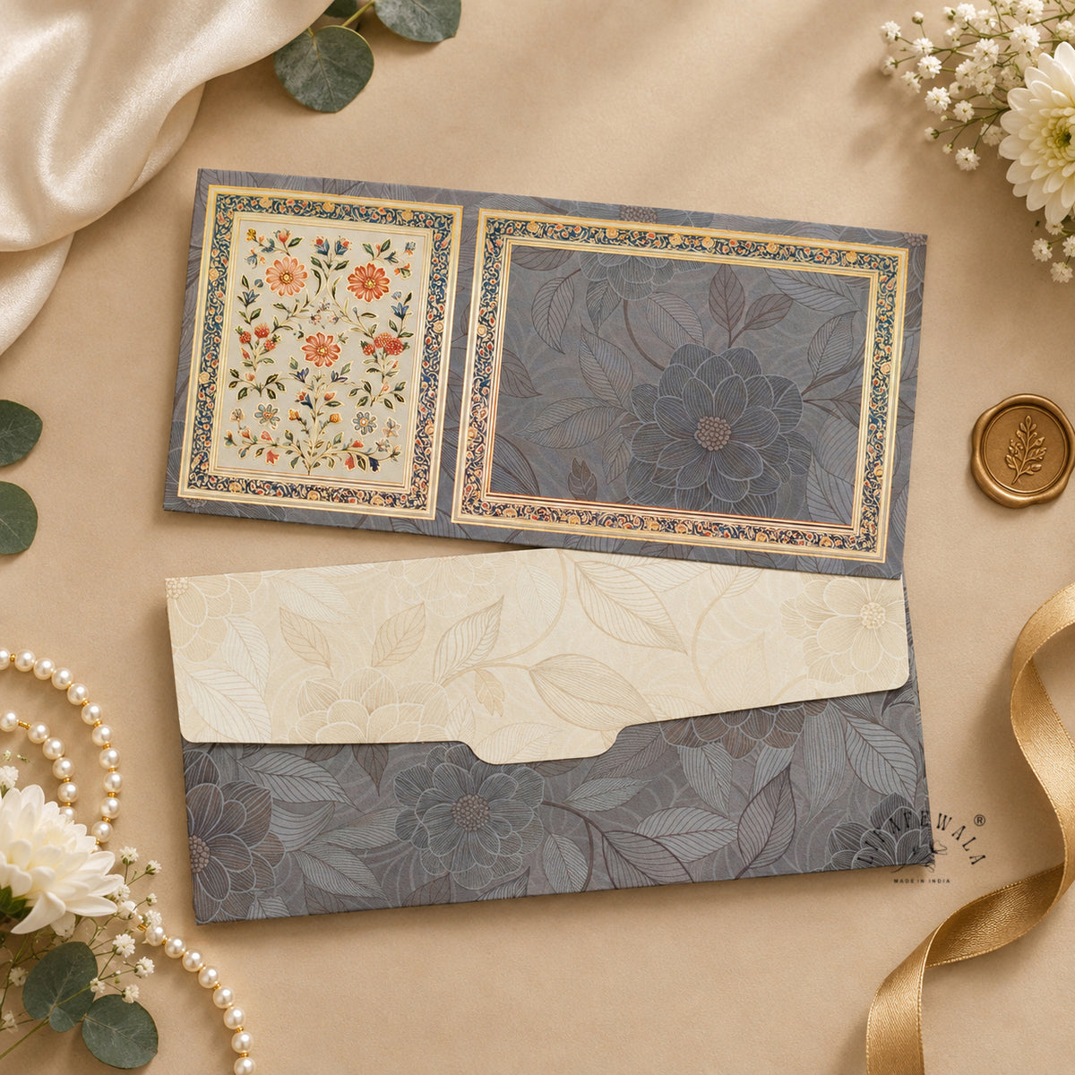 Grey Mughal Floral Twin Panel velvet shagun envelope by LIFAFEWALA – styled flat lay