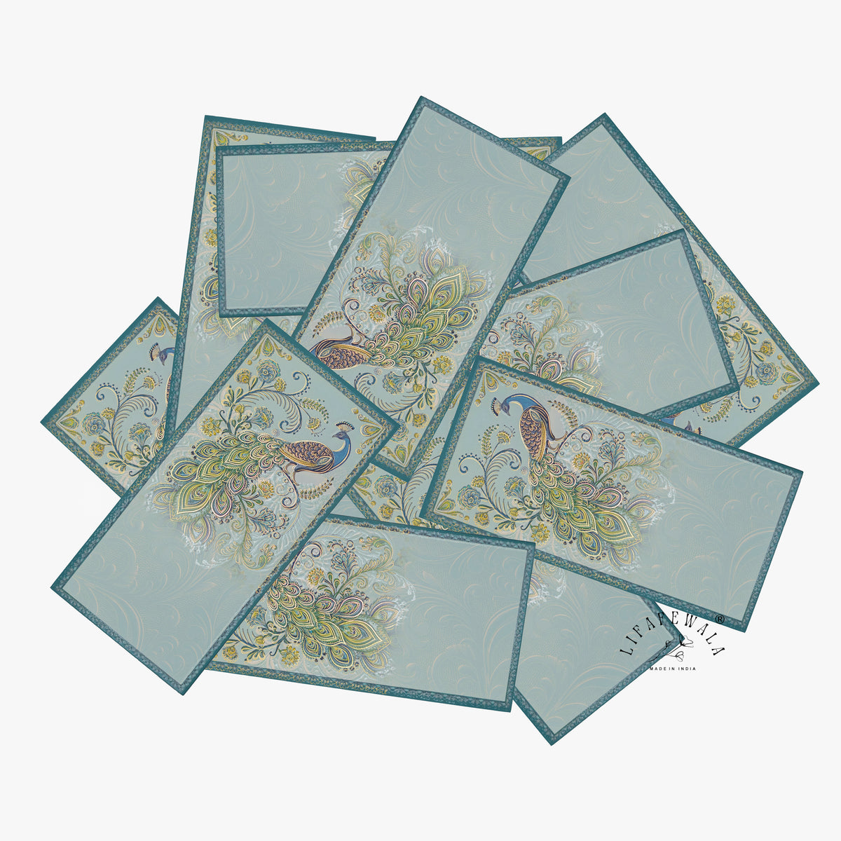 Aqua Paisley Peacock velvet UV shagun envelope by LIFAFEWALA – scattered envelopes