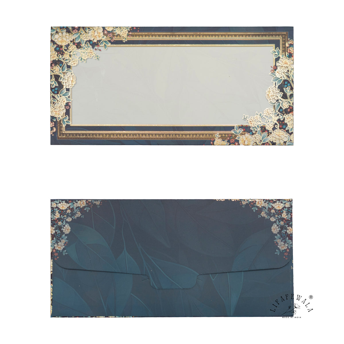 Navy Ivory Floral Frame matte shagun envelope by LIFAFEWALA – front and back