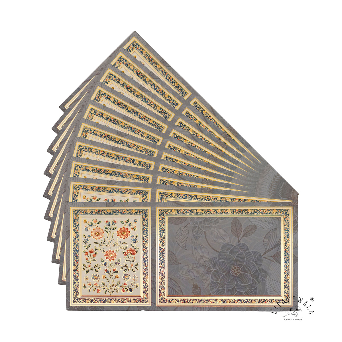 Grey Mughal Floral Twin Panel velvet shagun envelope by LIFAFEWALA – fanned pack