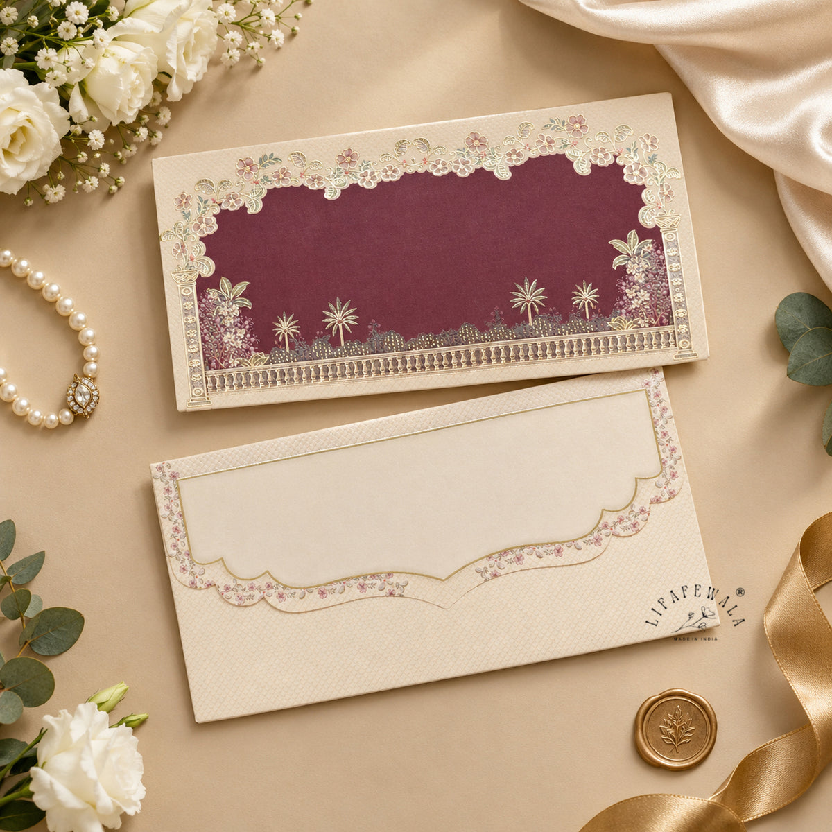Maroon Floral Frame Palace Garden matte UV shagun envelope by LIFAFEWALA – styled flat lay