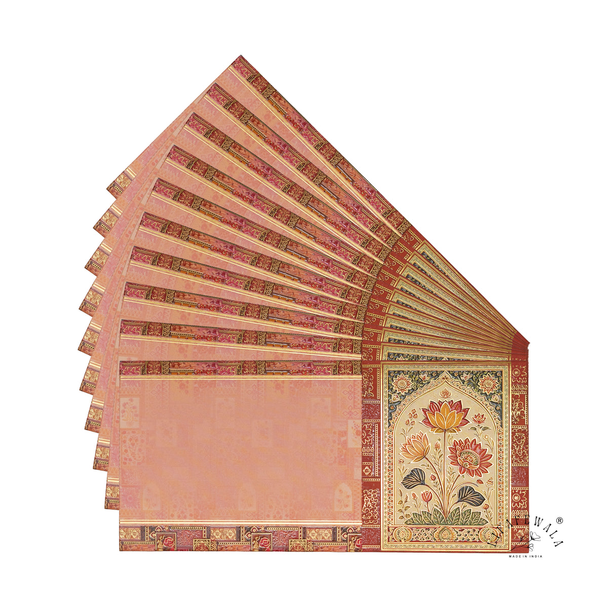 Blush Mughal Lotus Panel velvet UV shagun envelope by LIFAFEWALA – fanned pack