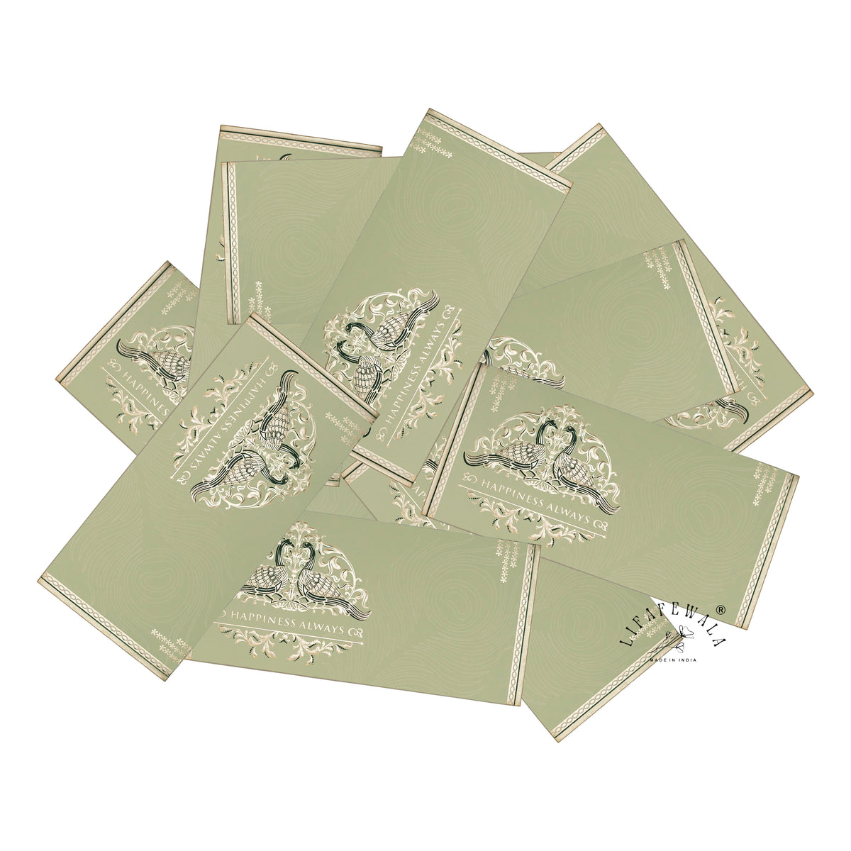 Sage Green Happiness Always Twin Peacock metallic shagun envelope by LIFAFEWALA – scattered envelopes