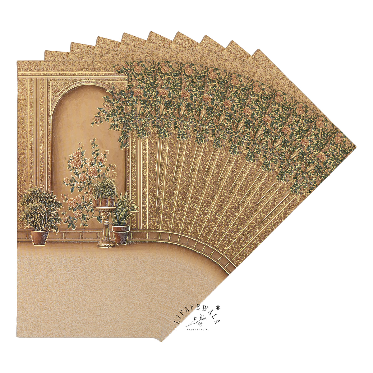 Mughal Courtyard Garden vertical velvet UV shagun envelope by LIFAFEWALA – fanned pack