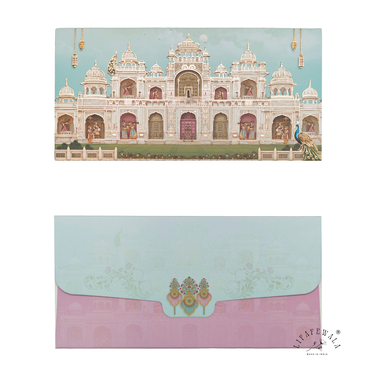 Aqua Lilac Palace Façade matte shagun envelope by LIFAFEWALA – front and back