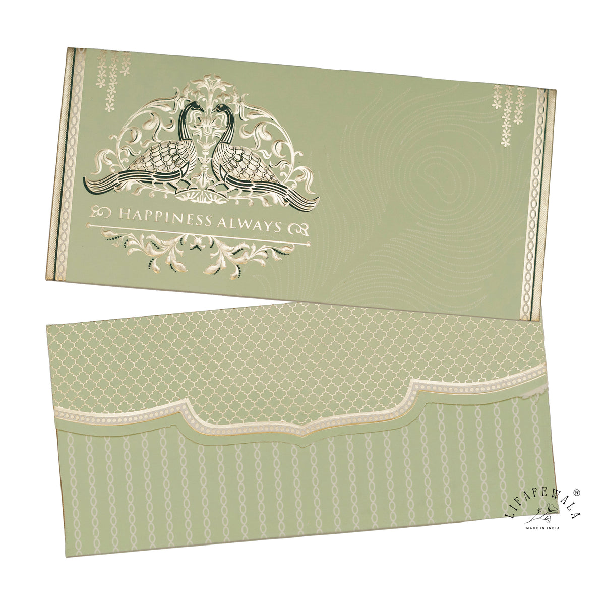 Sage Green Happiness Always Twin Peacock metallic shagun envelope by LIFAFEWALA – front and back, angled view