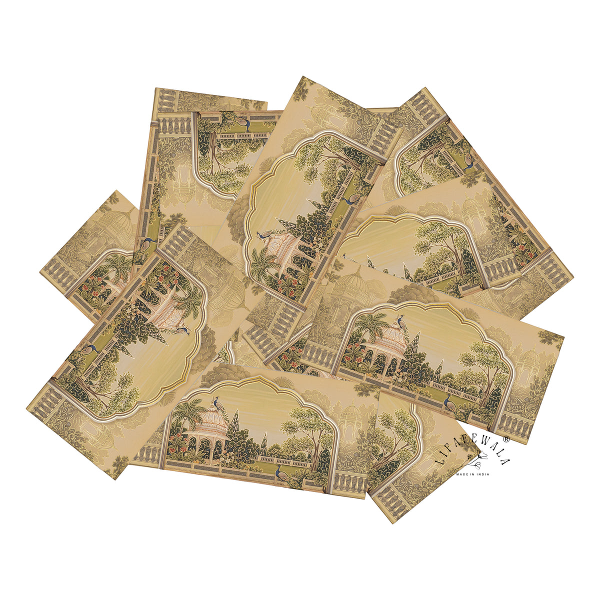 Golden Mughal Pavilion Garden matte UV shagun envelope by LIFAFEWALA – scattered envelopes