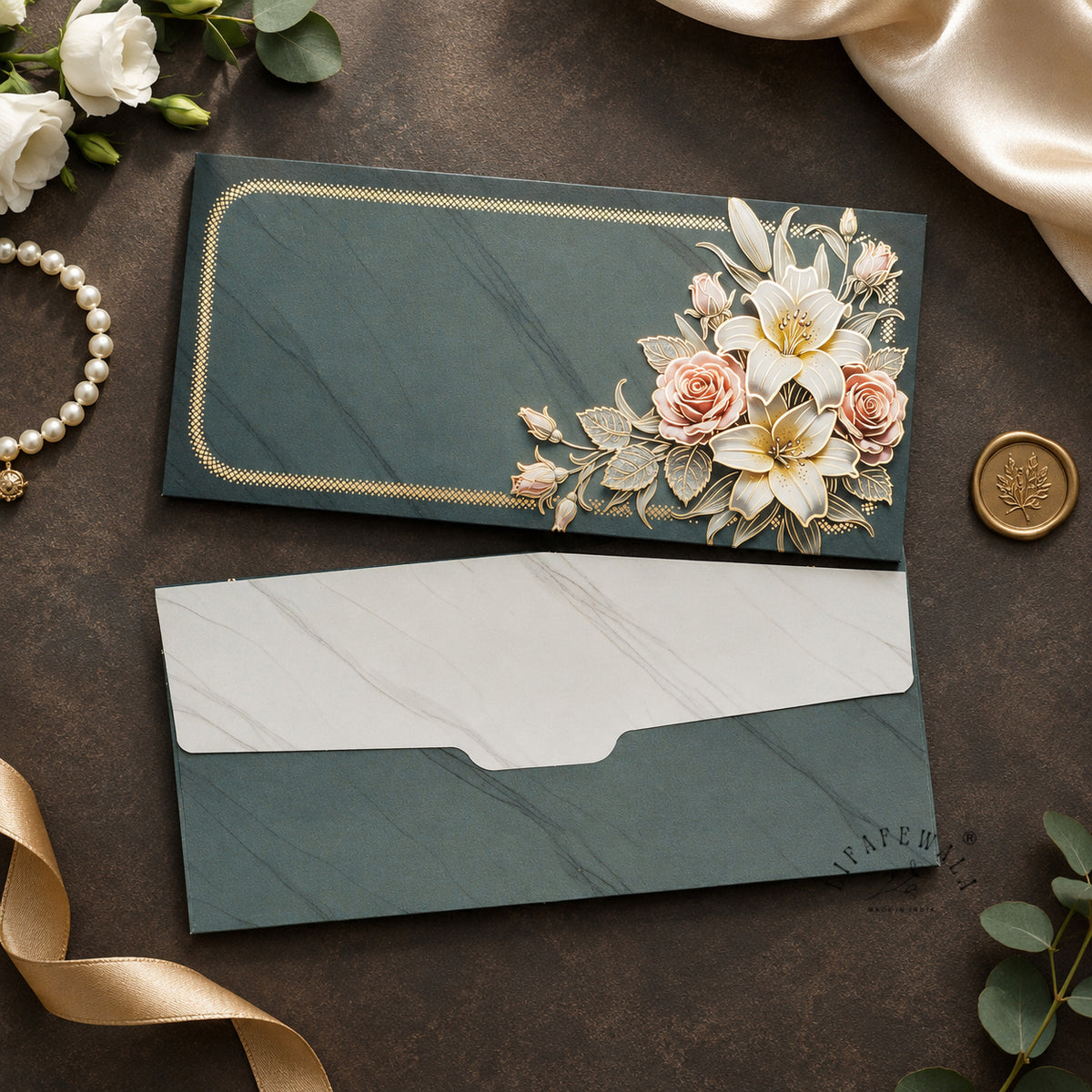Grey Marble Lily & Rose Bouquet velvet shagun envelope by LIFAFEWALA – styled flat lay