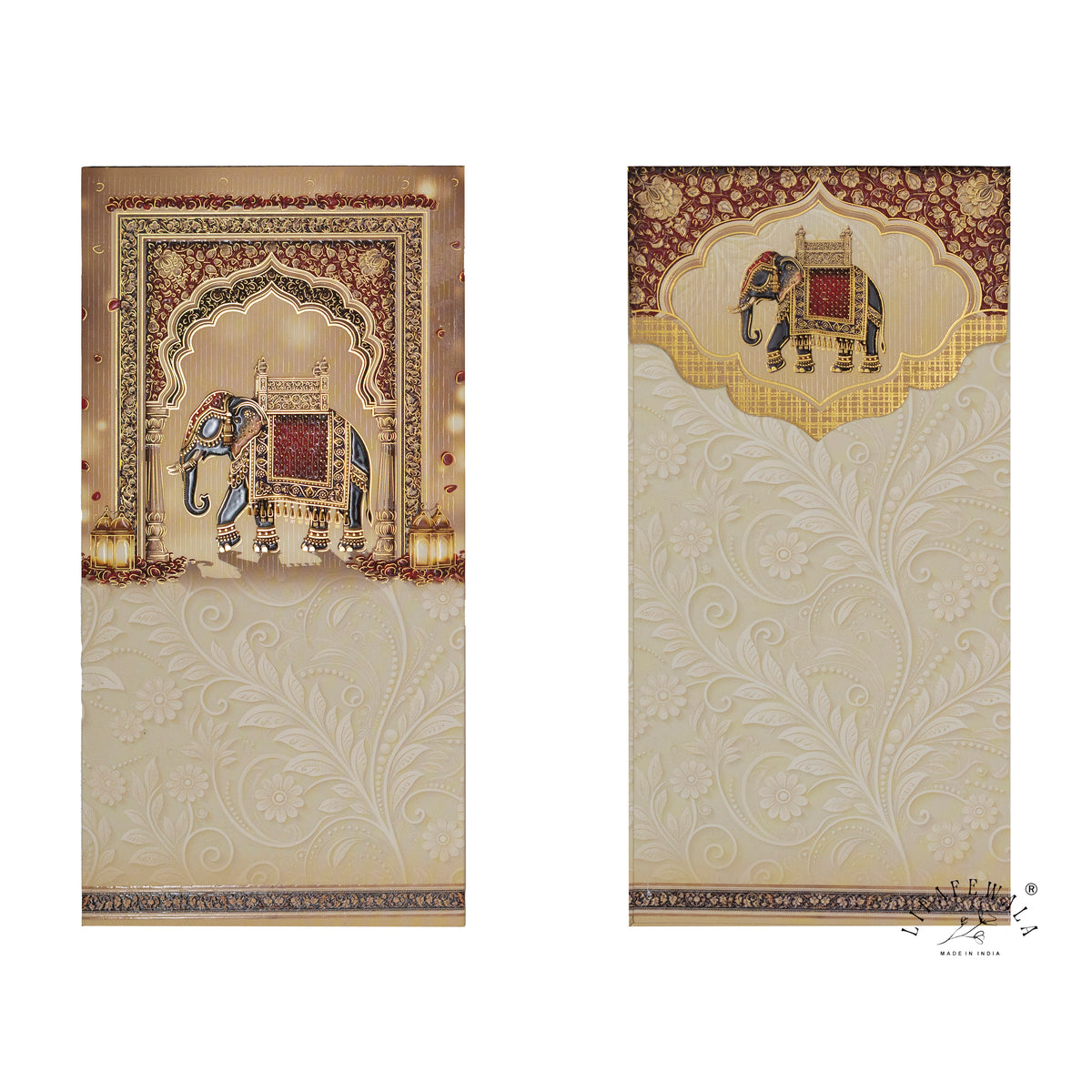 Royal Elephant Jharokha vertical velvet UV shagun envelope by LIFAFEWALA – front and back