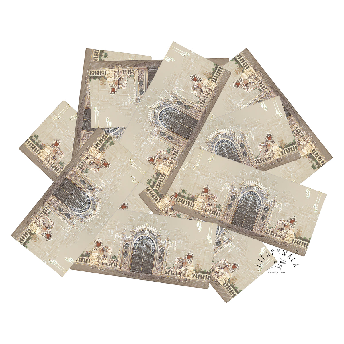 Ivory Palace Gate & Royal Elephants matte UV shagun envelope by LIFAFEWALA – scattered envelopes