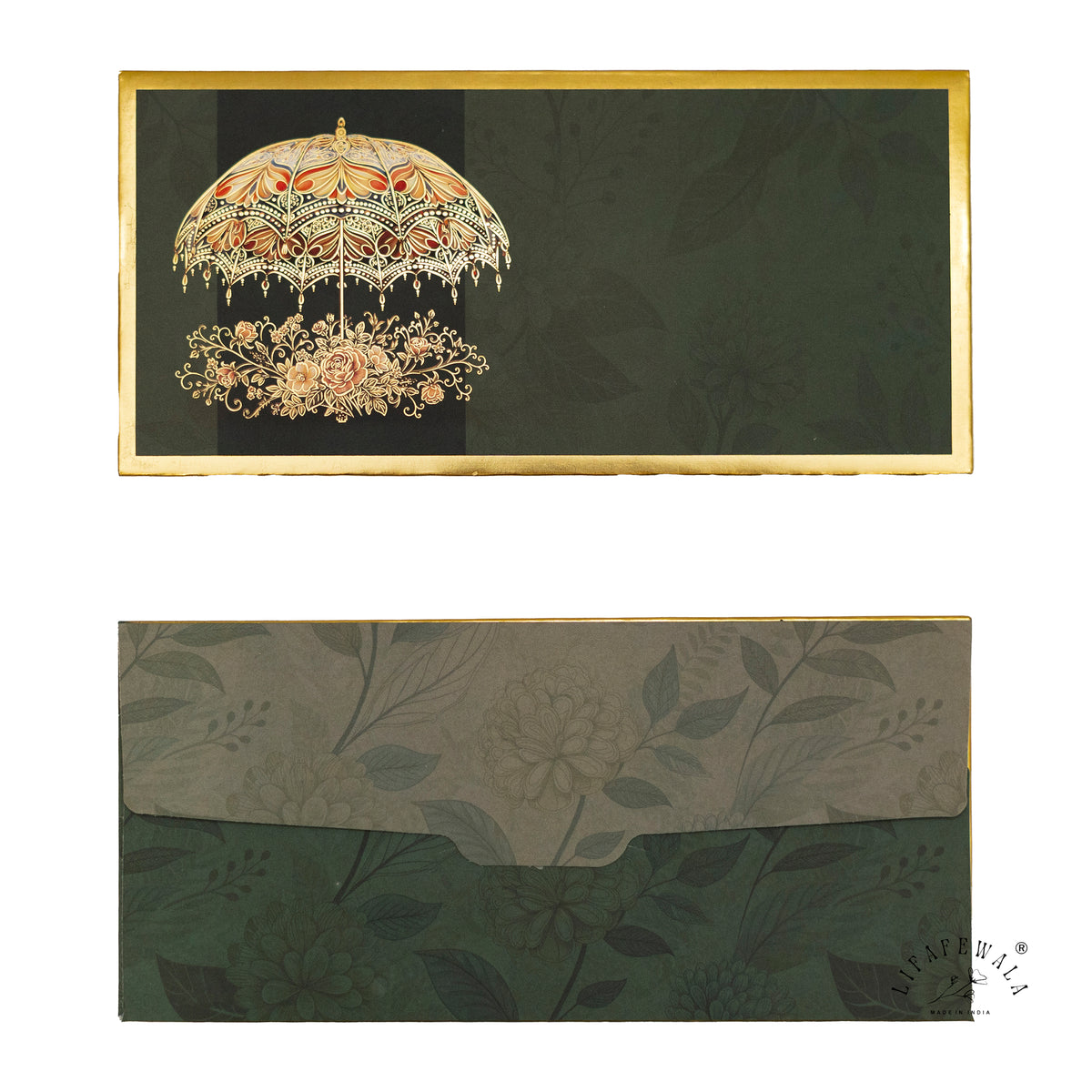 Emerald Golden Chhatri velvet shagun envelope by LIFAFEWALA – front and back