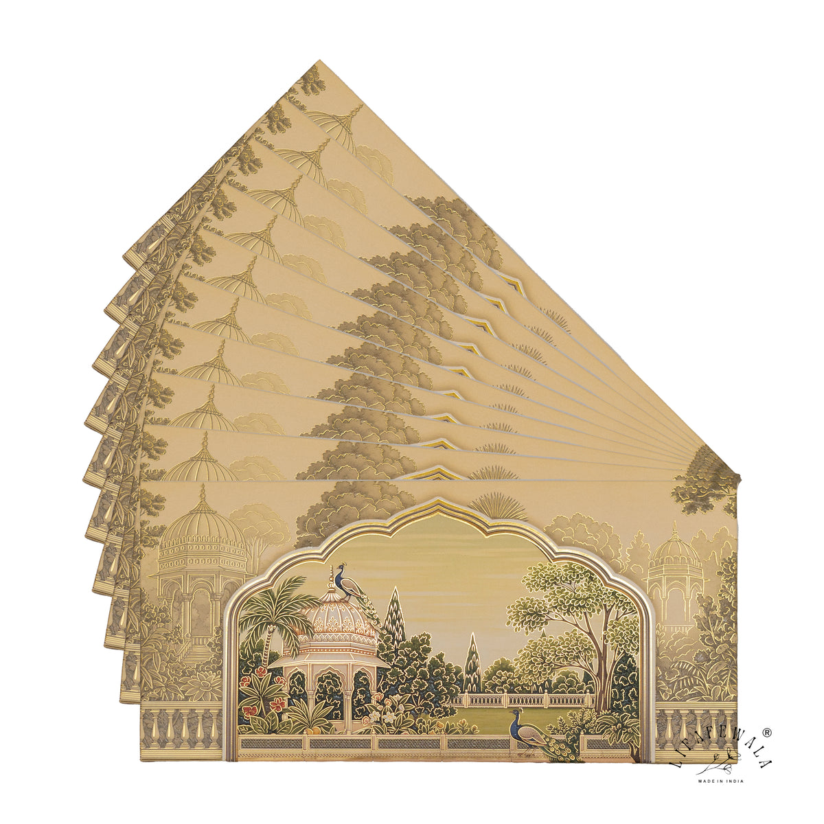 Golden Mughal Pavilion Garden matte UV shagun envelope by LIFAFEWALA – fanned pack